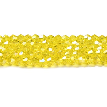 Transparent Electroplate Glass Beads Strands, AB Color Plated, Faceted, Bicone, Yellow, 4x4mm, Hole: 0.8mm, about 82~85pcs/strand, 12.01~12.2 inch(30.5~31cm)