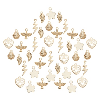 48Pcs 6 Style Brass Charms, Leaf & Bird & Shell & Flower & Lightning & Heart, Real 24K Gold Plated, 8pcs/style