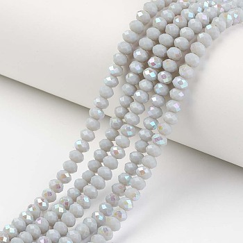 Electroplate Opaque Solid Color Glass Beads Strands, Half Rainbow Plated, Faceted, Rondelle, Light Grey, 8x6mm, Hole: 1mm, about 63~65pcs/strand, 39~40cm
