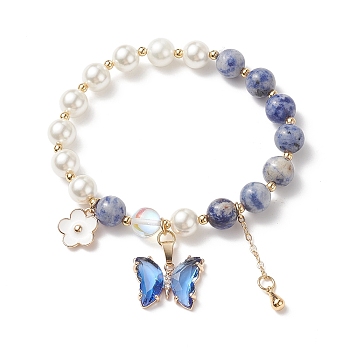 Round Natural Blue Spot Jasper & Shell Pearl Beaded Stretch Bracelet, Glass Butterfly & Brass Flower Charms Bracelet for Women, Inner Diameter: 2 inch(5.1cm)