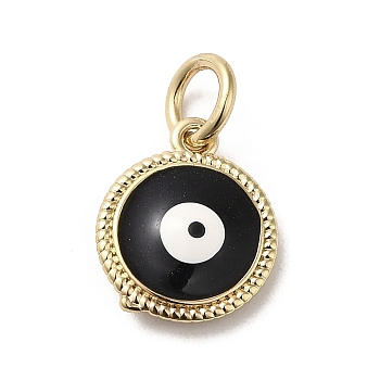 Brass Enamel Charms, with Jump Ring, Real 18K Gold Plated, Flat Round with Evil Eye Charm, Black, 13.5x11.5x3.7mm, Hole: 3.2mm
