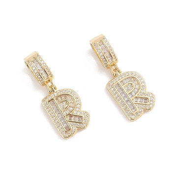 Brass Micro Pave Cubic Zirconia Pendants, Long-Lasting Plated, Letter, Clear, Letter.R, 32.5mm, Hole: 6.5x9mm, Letter.R: 19x12.5x3.5mm