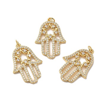 Rack Plating Brass Pave Cubic Zirconia Pendants, with Jump Ring, Lead Free & Cadmium Free, Real 18K Gold Plated, Long-Lasting Plated, Hamsa Hand with Star Charm, Clear, 28x19.5x3mm, Hole: 3.4mm