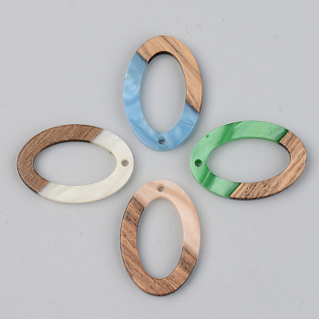 Resin & Walnut Wood Pendants, Oval, Mixed Color, 29x19.5x3mm, Hole: 1.8mm