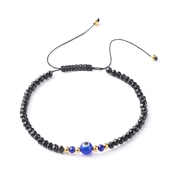 Adjustable Nylon Thread Braided Bead Bracelet, with Faceted Rondelle Glass Beads, Handmade Evil Eye Lampwork Round Bead, Blue, Inner Diameter: 2-1/2 inch(6.4~11.7cm)