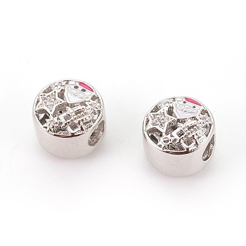 Brass European Beads, with Enamel and Micro Pave Cubic Zirconia, Large Hole Beads, Flat Round with Father Christmas, Platinum, White, 11x10mm, Hole: 4.2mm