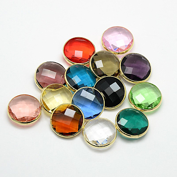 Golden Tone Brass Glass Pendants, Flat Round, Mixed Color, 14x11x5mm, Hole: 2mm