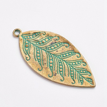 Tibetan Style Alloy Pendants, Leaf, Antique Bronze & Green Patina, 60x28x1mm, Hole: 3mm