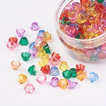 Transparent Acrylic Bead Caps, Tulip Flower, Lily of the Valley Dyed, Mixed Color, 10x6.5~7mm, Hole: 1.5mm, about 235~240pcs/box