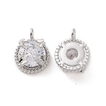 Brass Micro Pave Clear Cubic Zirconia Charms, with Jump Ring, Flat Round, Platinum, 10.5x8x5mm, Hole: 3.2mm