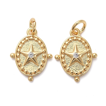 Brass Micro Pave Clear Cubic Zirconia Charms, with Jump Rings, Oval with Star, Golden, 14.5x11x2mm, Hole: 3mm