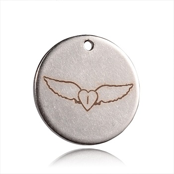 Spray Painted Stainless Steel Pendants, Flat Round with Heart and Wing Pattern, Peru, 20x1mm, Hole: 1mm