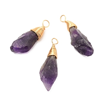 Natural Amethyst Pendants, with Real 18K Gold Plated Eco-Friendly Copper Wire, Nuggets, 17.5~29x9.5~10.5x6~9mm, Hole: 3mm