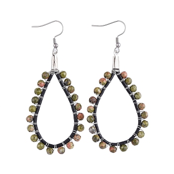 316 Surgical Stainless Steel Dangle Earrings, with Natural Unakite Bead, Cowhide Leather Cord and Jewelry Box, Teardrop, 77mm, Pin: 0.6mm