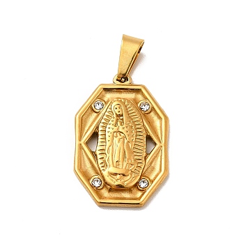 Vacuum Plating 304 Stainless Steel Pendants, with Rhinestone, Octagon with Virgin Mary, Golden, 25x16.5x3mm, Hole: 7mm
