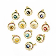 Rack Plating Brass Micro Pave Colorful Cubic Zirconia Pendants, with Handmade Evil Eye Lampwork, Cadmium Free & Lead Free, Long-Lasting Real 18K Gold Plated, Flat Round with Eye Charm, Mixed Color, 23.5x21x3.5~4mm, Hole: 4.5x3.5mm(LAMP-A153-05G-M)
