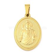 Ion Plating(IP) 304 Stainless Steel Pendants, Religious Theme Charm, Oval with Saint, Golden, 24x16x2~2.5mm, Hole: 5x3mm(STAS-B071-02A-21G)