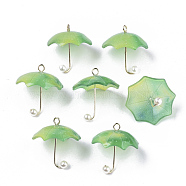 Acrylic Pendants, with Golden Plated Brass Loops and ABS Plastic Imitation Pearl, Umbrella, Green, 20~21x20x20mm, Hole: 1.6mm(KY-S163-093A-02)