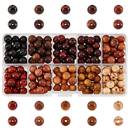 Elite Natural Wood Beads Sets, Round, Mixed Color, 8~8.5mm, Hole: 1~1.8mm, 20pcs/style, 10 styles, 200pcs/box(WOOD-PH0002-51)