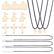 PandaHall Elite 16Pcs Halloween Theme DIY Necklaces Making Kits, Cross & Ghost Brass Charms, Waxed Cord Necklace Making, Platinum & Golden, 12.5x9x1mm, 4pcs/style(DIY-PH0002-76)