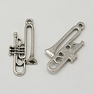 Alloy Pendants, Lead Free & Cadmium Free & Nickel Free, Trumpet, Antique Silver, Size: about 35mm long, 15mm wide, 3.5mm thick, hole: 2mm(EA10916Y-AS-NF)