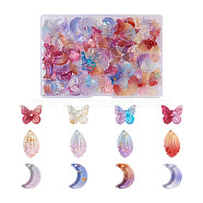 120Pcs 12 Style Transparent Glass Charms, with Gold Foil, Crescent Moon & Butterfly & Leaf, Mixed Color, 9.5~18.5x10~11.5x3~4mm, 10pcs/style(GLAA-PJ0001-02)
