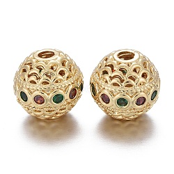 Brass Micro Pave Cubic Zirconia Beads, Hollow, Long-Lasting Plated, Round, Red & Green, Real 18K Gold Plated, 10.5x10mm, Hole: 2.2mm(X-KK-K244-19G)
