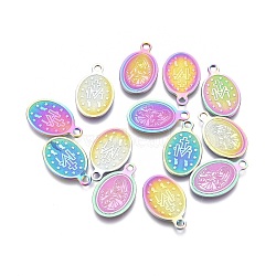 Ion Plating(IP) 304 Stainless Steel Charms, Laser Cut, Oval with Virgin Mary, Rainbow Color, 15.5x9x0.6mm, Hole: 1.4mm(STAS-L247-018M)
