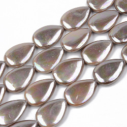 Electroplate Natural Freshwater Shell Beads Strands, Teardrop, Camel, 18x13x4mm, Hole: 1mm, about 23pcs/strand, 16.14 inch(41cm)(SHEL-R049-026C)