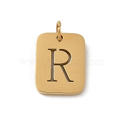 304 Stainless Steel Charms, with Jump Ring, Golden, Rectangle with Letter Charm, Letter R, 12.5x9.5x1.5mm, Hole: 3mm(STAS-R001-01G-R)