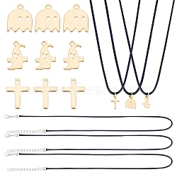 PandaHall Elite 16Pcs Halloween Theme DIY Necklaces Making Kits, Cross & Ghost Brass Charms, Waxed Cord Necklace Making, Platinum & Golden, 12.5x9x1mm, 4pcs/style(DIY-PH0002-76)
