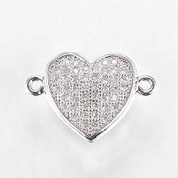 Brass Micro Pave Cubic Zirconia Links, Clear, Real Platinum Plated, Heart, 12x17.5x5.5mm, Hole: 1mm(ZIRC-L068-27P)