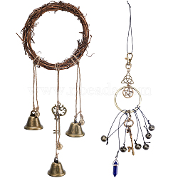 Gorgecraft 2Pcs 2 Style Rattan & Alloy Witch Bells for Door Knob, Wind Chimes, Witchcraft Decor Protection Bells, Mixed Color, 335~363mm, 1pc/style(AJEW-GF0008-21)