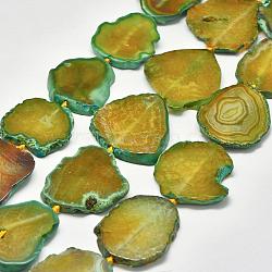Natural Agate Beads Strands, Flat Slab Beads, Agate Slices, Nuggets, Dyed & Heated, Olive, 40~50x30~49x5~7mm, Hole: 2~3mm, about 8~9pcs/strand, 14.9 inch(39cm)(G-P319-19A)