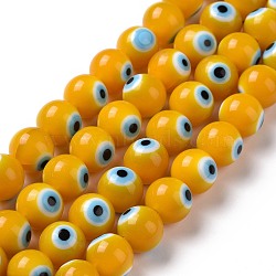 Handmade Evil Eye Lampwork Round Bead Strands, Yellow, 10mm, Hole: 1mm, about 39pcs/strand, 14.96 inch(LAMP-L055-10mm-30)