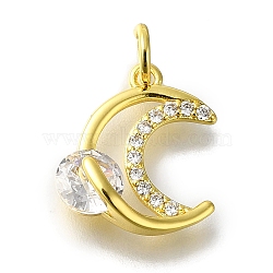 Moon Rack Plating Brass Micro Pave Cubic Zirconia Pendant, with Jump Ring, with Glass Rhinestone,Lead Free & Cadmium Free, Long-Lasting Plated, Golden, Clear, 14x13x5mm(KK-H485-33G-01)