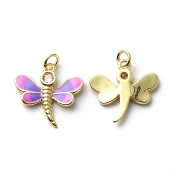 Brass Cubic Zirconia Pendants, with Enamel & Jump Ring, Dragonfly Charm, Real 18K Gold Plated, Blue Violet, 17.5x17.5x2.5mm, Hole: 3mm
