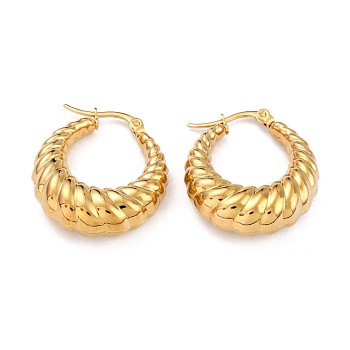 Ion Plating(IP) 304 Stainless Steel Hoop Earrings, Hypoallergenic Earrings, Textured, Double Horn/Crescent Moon, Real 24K Gold Plated, 28x25x9mm, Pin: 1mm