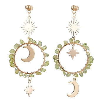 Vintage Natural Peridot Ear Studs, with 304 Stainless Steel Findings, Ring with Moon, 73x34mm