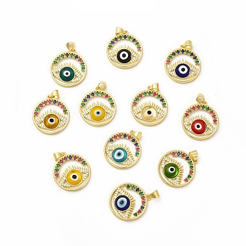 Rack Plating Brass Micro Pave Colorful Cubic Zirconia Pendants, with Handmade Evil Eye Lampwork, Cadmium Free & Lead Free, Long-Lasting Real 18K Gold Plated, Flat Round with Eye Charm, Mixed Color, 23.5x21x3.5~4mm, Hole: 4.5x3.5mm