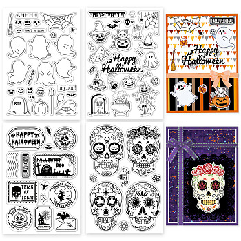 4 Sheets 4 Styles PVC Plastic Stamps, for DIY Scrapbooking, Photo Album Decorative, Cards Making, Stamp Sheets, Halloween Themed Pattern, 160x110x3mm, 1sheet/style