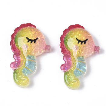 Resin Cabochons, with Glitter Powder, Sea horse, Colorful, 26x16x5.5mm