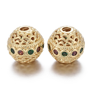 Brass Micro Pave Cubic Zirconia Beads, Hollow, Long-Lasting Plated, Round, Red & Green, Real 18K Gold Plated, 10.5x10mm, Hole: 2.2mm