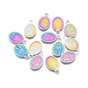 Ion Plating(IP) 304 Stainless Steel Charms, Laser Cut, Oval with Virgin Mary, Rainbow Color, 15.5x9x0.6mm, Hole: 1.4mm