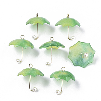 Acrylic Pendants, with Golden Plated Brass Loops and ABS Plastic Imitation Pearl, Umbrella, Green, 20~21x20x20mm, Hole: 1.6mm