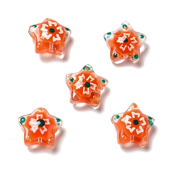 Handmade Lampwork Beads, Star with Flower Pattern, Orange Red, 12~12.5x12.5~13x6~6.5mm, Hole: 0.9~1mm