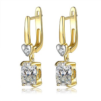 Brass Micro Pave Cubic Zirconia Hoop Earring, Rectangle, Clear, Golden, 31x7x12mm