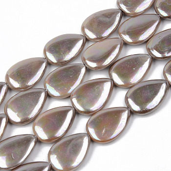 Electroplate Natural Freshwater Shell Beads Strands, Teardrop, Camel, 18x13x4mm, Hole: 1mm, about 23pcs/strand, 16.14 inch(41cm)