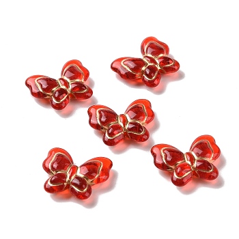 Transparent Acrylic Beads, Golden Metal Enlaced, Butterfly, Red, 17.5x20x6mm, Hole: 1.6mm, about 415pcs/500g