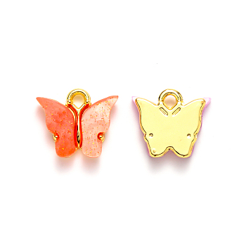 Alloy Pendants, with Resin and Glitter Powder, Cadmium Free & Lead Free, Butterfly, Golden, Tomato, 13x13~15x3.5mm, Hole: 2mm